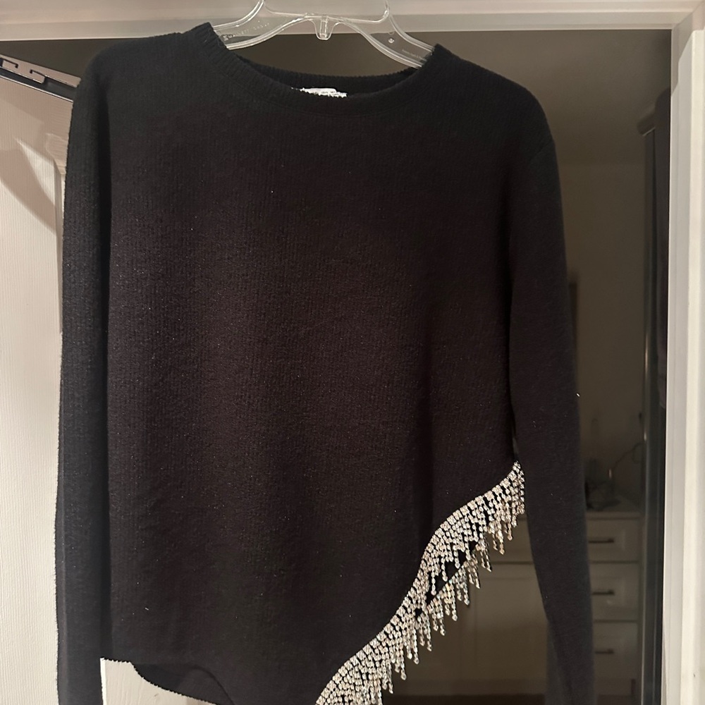 Zara Black Sweater with Silver Beaded Fringe